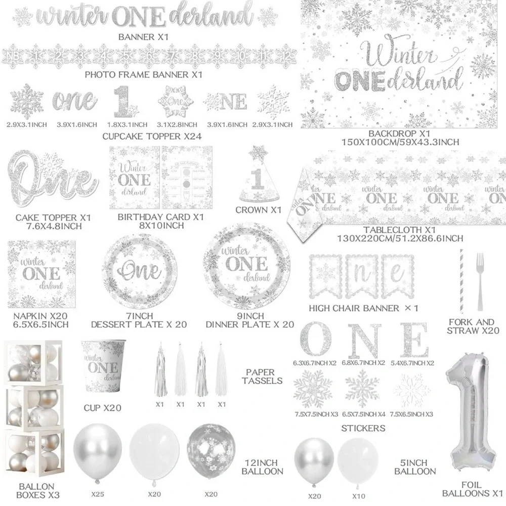 ❄️ Winter ONEderland 1st Birthday Party Set – Silver Snowflake Theme – Full Kit
